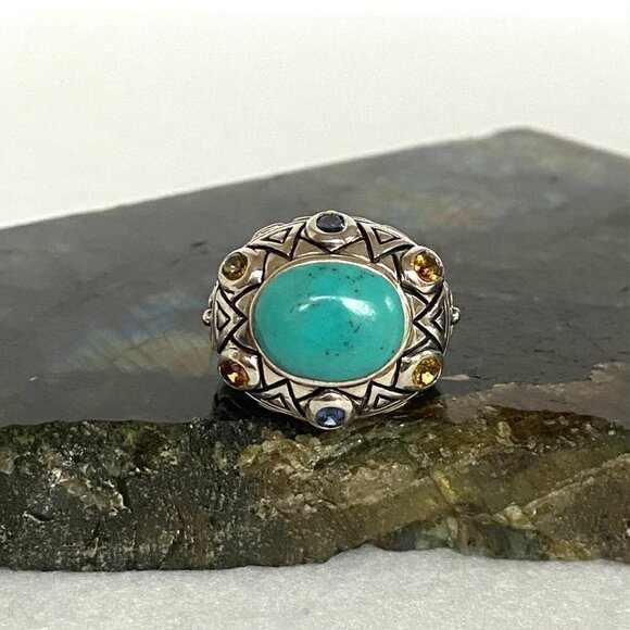 Sterling Silver 925 Thailand Turquoise Multi Gemstone Dome Statement Ring 7.75 - Picture 2 of 16